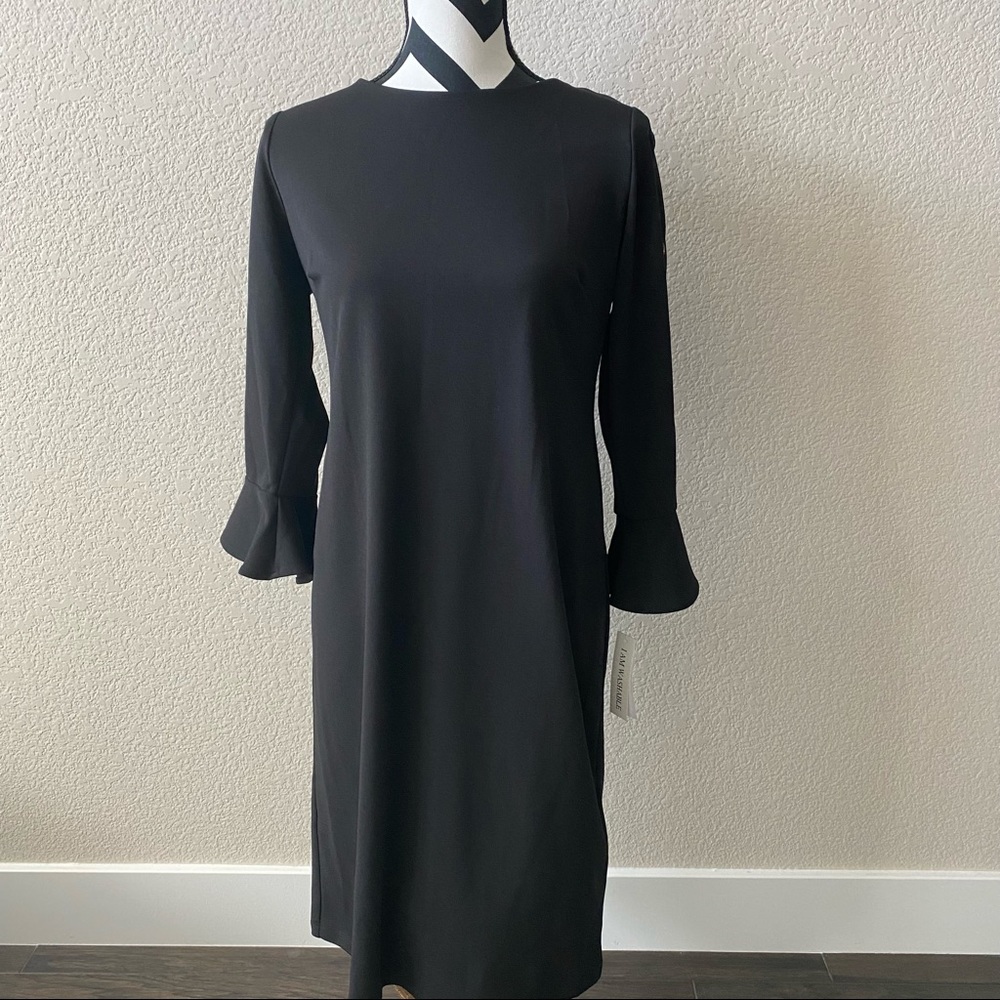 Shelby & Palmer || black bell sleeve sheath dress